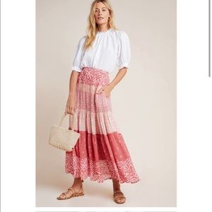 DOLAN Anthropologie Freja Tiered Maxi Skirt Coral Salmon Boho size Small